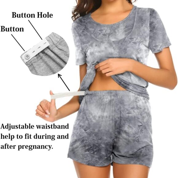 Maternity Nursing Pajamas Set Short Sleeve Breastfeeding Sleepwear Double Layer - Picture 3 of 6